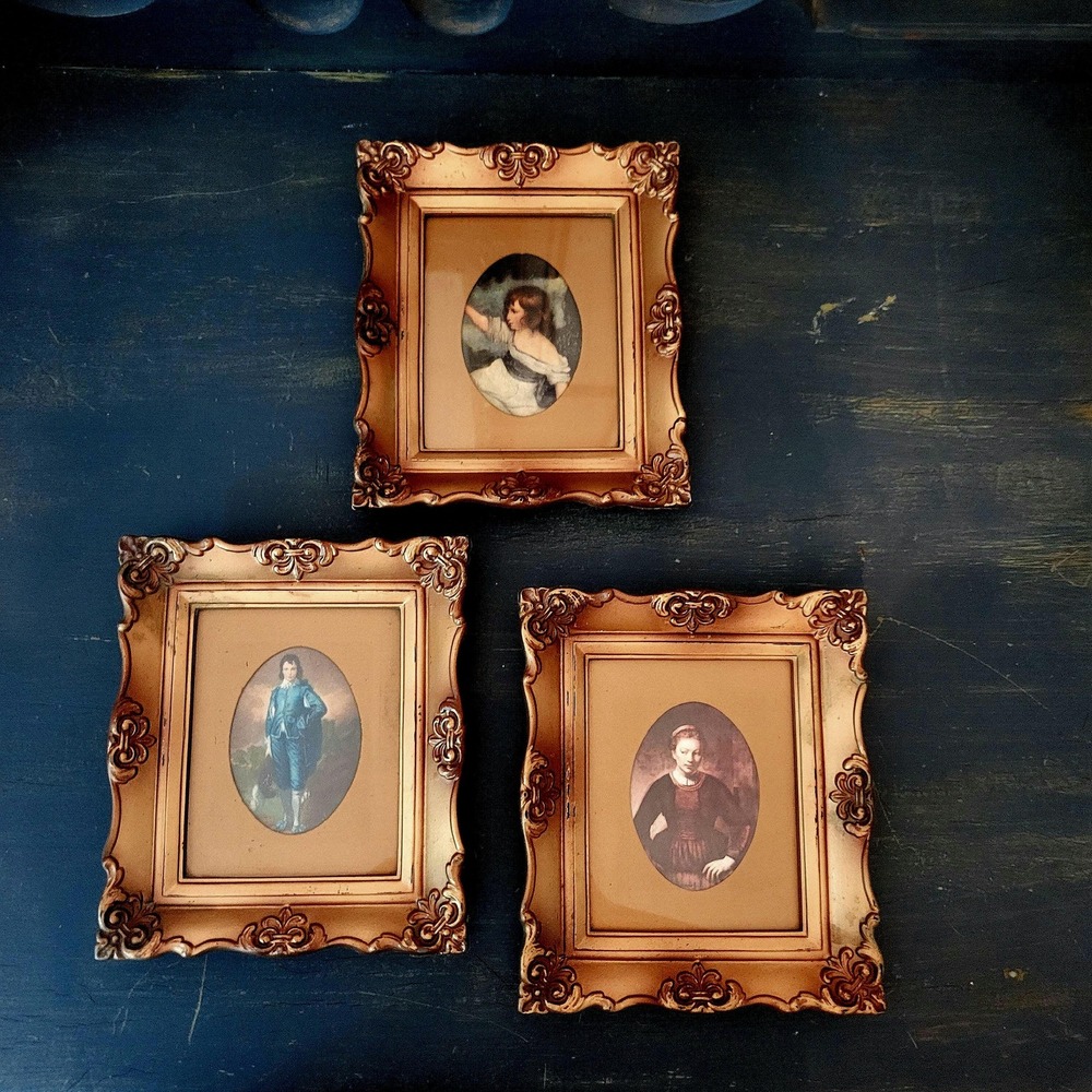 Vintage French Country Gold Oval Cameo Framed Prints Set of 3